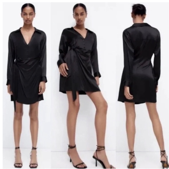 NWT Silky Satin Zara Button Up Wrapped Waist Mini Dress in Black Size M - Picture 1 of 6
